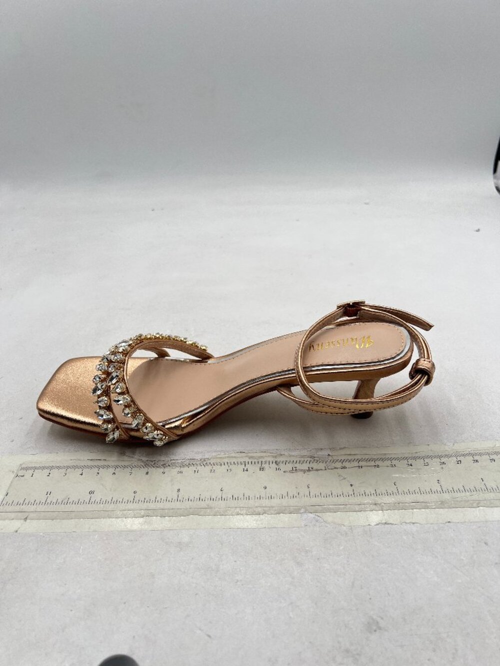 Wansseny Rose Gold Rhinestone Strappy Open Square Toe Ankle Strap Buckle Sandals